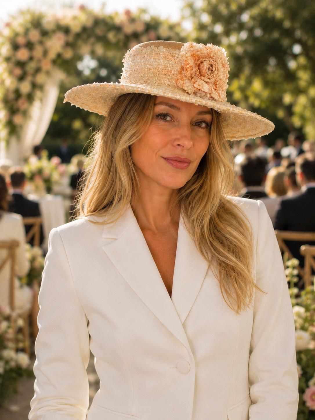 mujer rubia con sombrero chanel