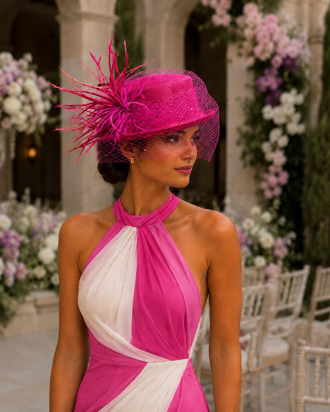 Mujer con vestido rosa de boda y sombrero sofisticado chistera