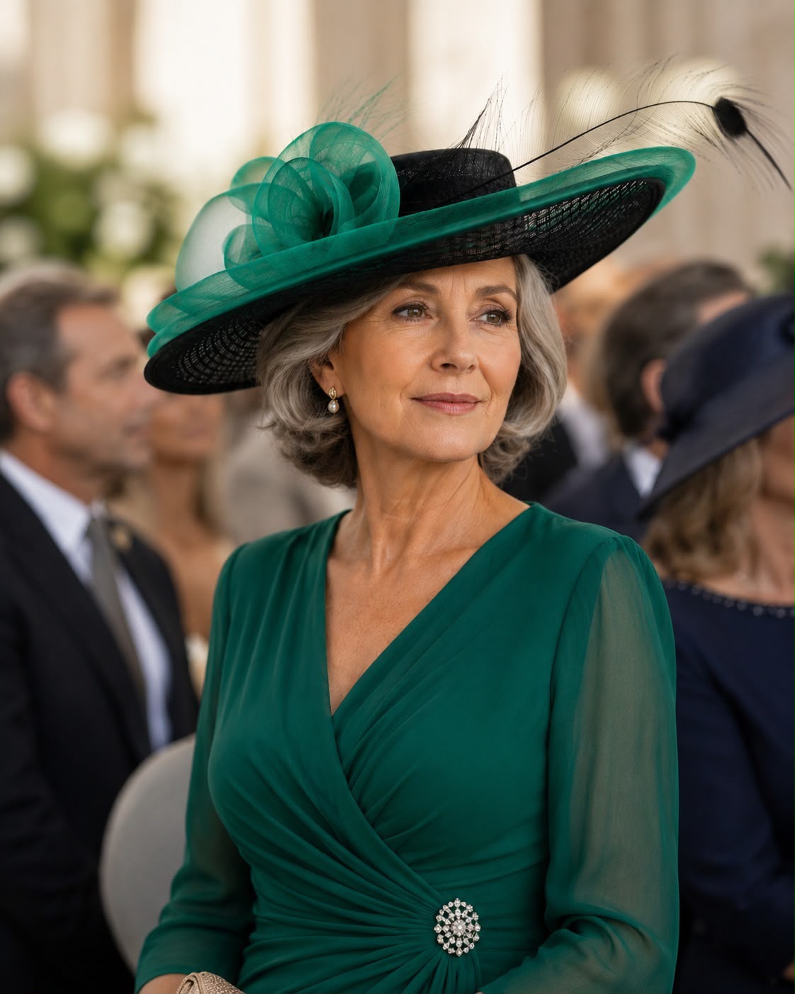 sombrero invitada boda color verde a juego con el vestido de una mujer madura
